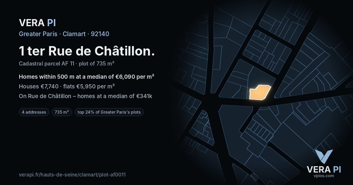 1 ter Rue de Châtillon, Clamart at night – the plot lit, the parcels around coloured by the prices near them