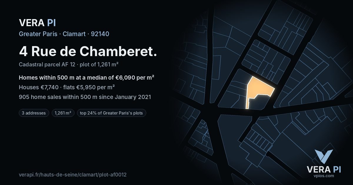 4 Rue de Chamberet, Clamart at night – the plot lit, the parcels around coloured by the prices near them