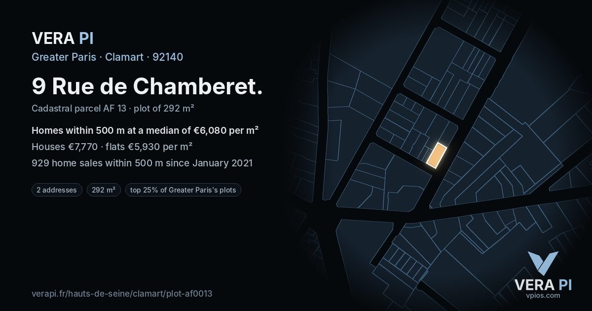 9 Rue de Chamberet, Clamart at night – the plot lit, the parcels around coloured by the prices near them