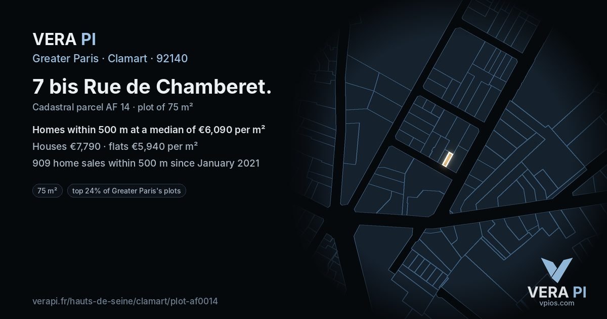 7 bis Rue de Chamberet, Clamart at night – the plot lit, the parcels around coloured by the prices near them