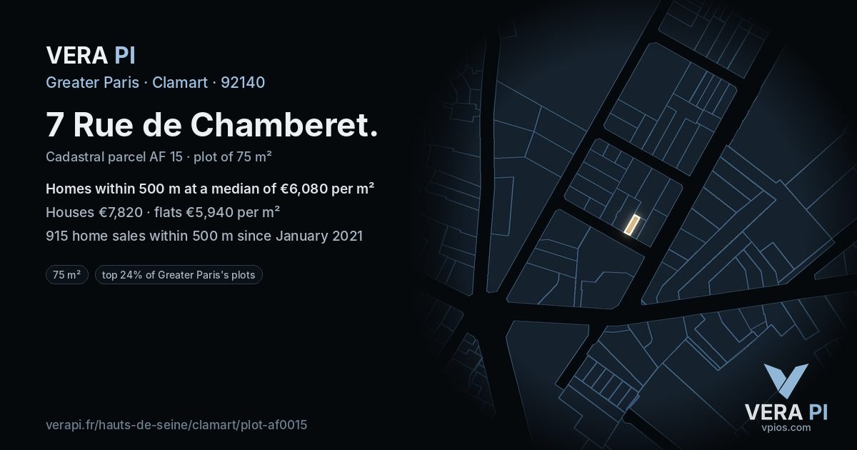 7 Rue de Chamberet, Clamart at night – the plot lit, the parcels around coloured by the prices near them