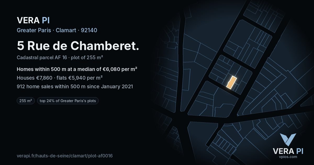 5 Rue de Chamberet, Clamart at night – the plot lit, the parcels around coloured by the prices near them