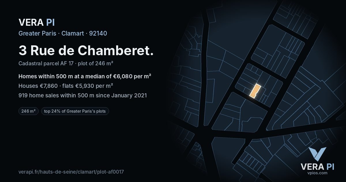 3 Rue de Chamberet, Clamart at night – the plot lit, the parcels around coloured by the prices near them