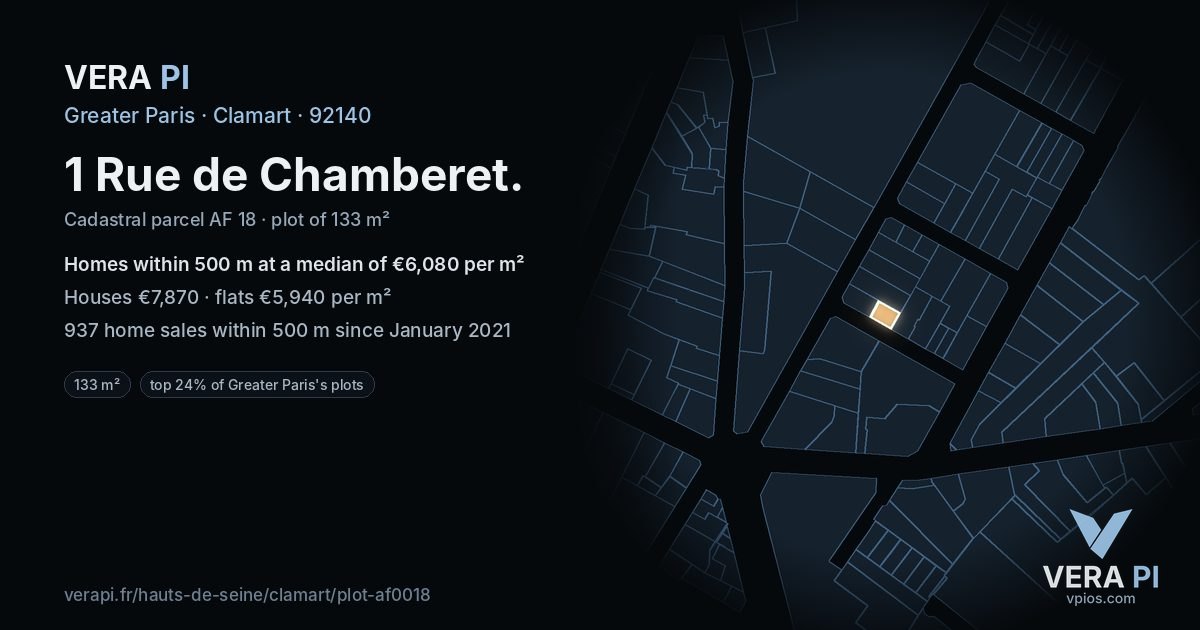 1 Rue de Chamberet, Clamart at night – the plot lit, the parcels around coloured by the prices near them