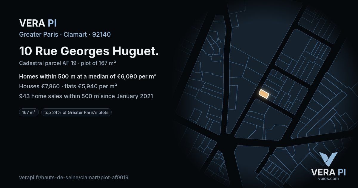 10 Rue Georges Huguet, Clamart at night – the plot lit, the parcels around coloured by the prices near them