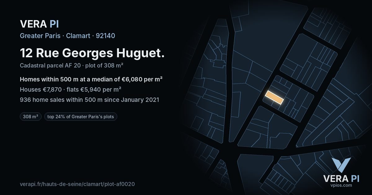 12 Rue Georges Huguet, Clamart at night – the plot lit, the parcels around coloured by the prices near them