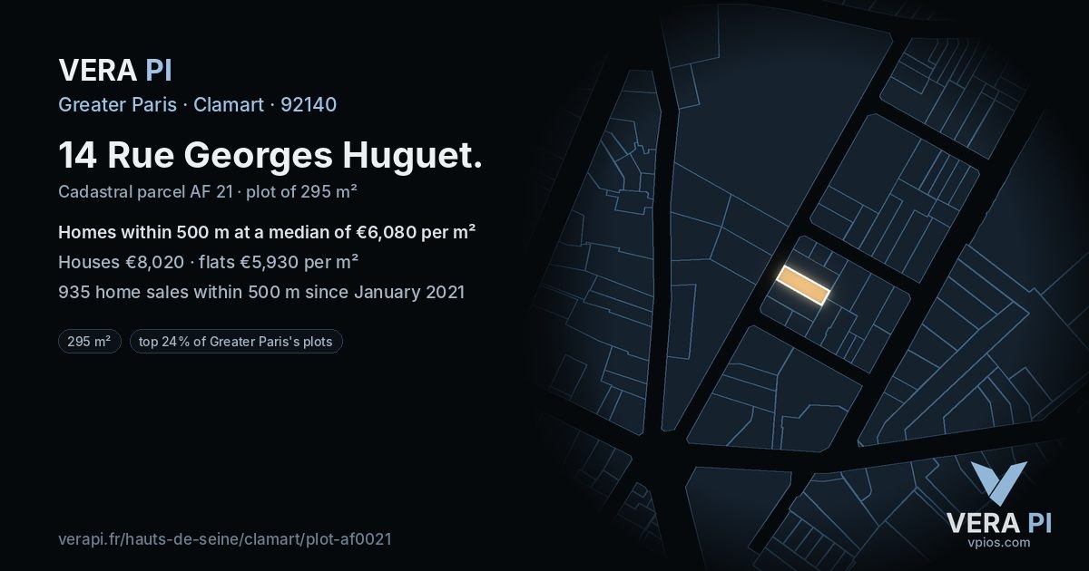 14 Rue Georges Huguet, Clamart at night – the plot lit, the parcels around coloured by the prices near them