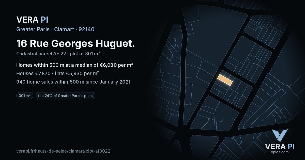 16 Rue Georges Huguet, Clamart at night – the plot lit, the parcels around coloured by the prices near them