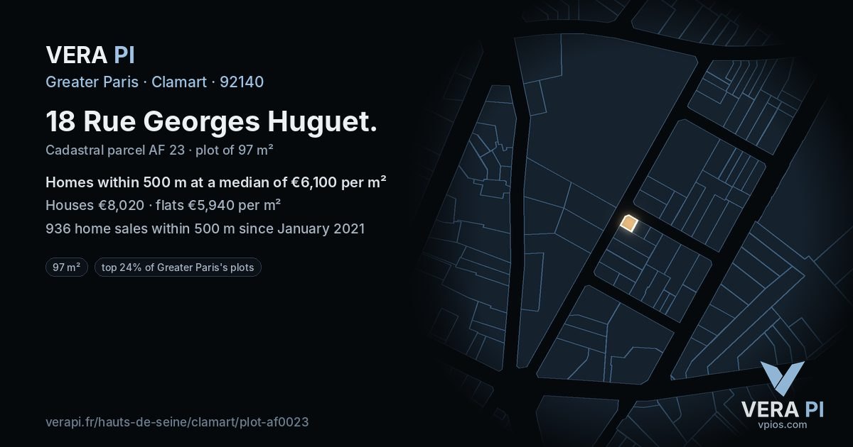 18 Rue Georges Huguet, Clamart at night – the plot lit, the parcels around coloured by the prices near them