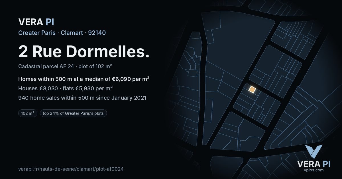 2 Rue Dormelles, Clamart at night – the plot lit, the parcels around coloured by the prices near them