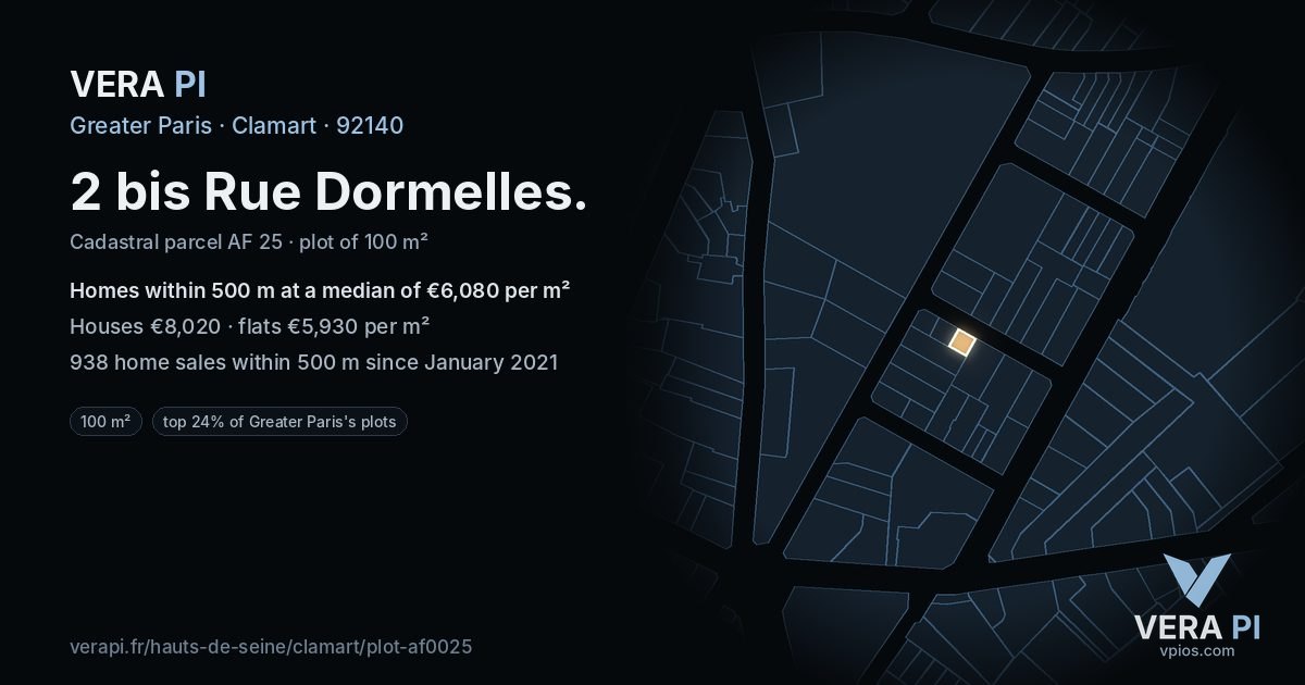 2 bis Rue Dormelles, Clamart at night – the plot lit, the parcels around coloured by the prices near them