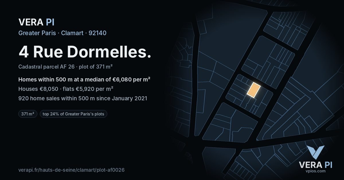 4 Rue Dormelles, Clamart at night – the plot lit, the parcels around coloured by the prices near them