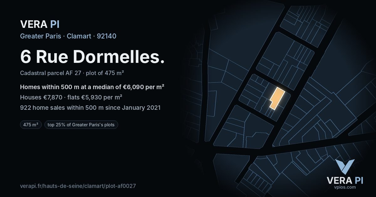 6 Rue Dormelles, Clamart at night – the plot lit, the parcels around coloured by the prices near them