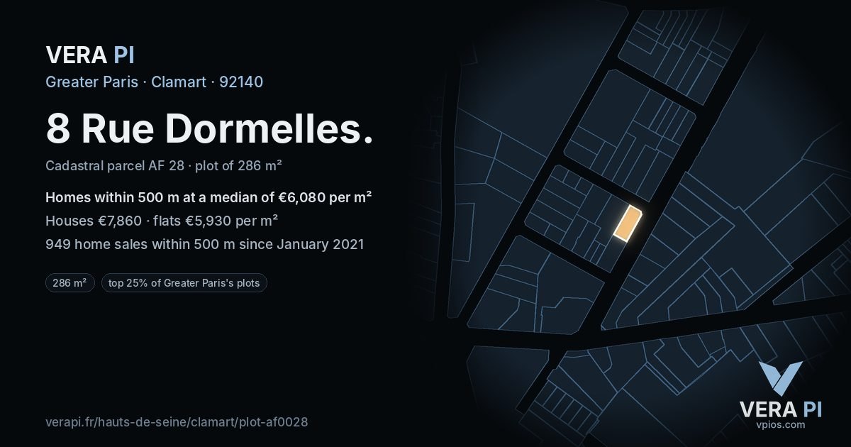 8 Rue Dormelles, Clamart at night – the plot lit, the parcels around coloured by the prices near them