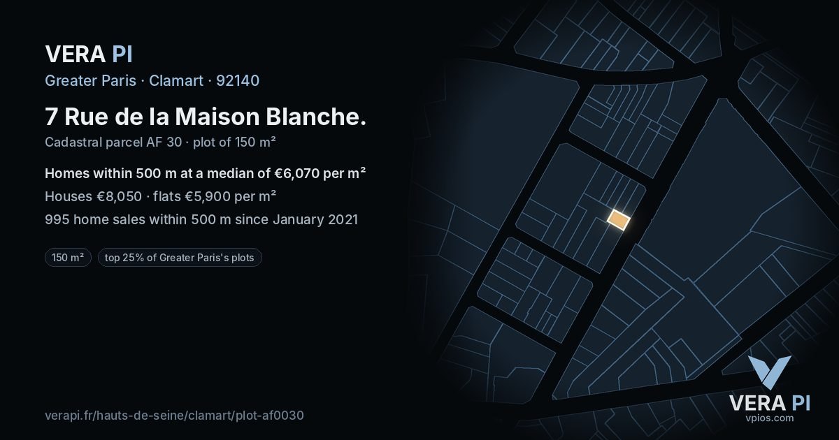 7 Rue de la Maison Blanche, Clamart at night – the plot lit, the parcels around coloured by the prices near them