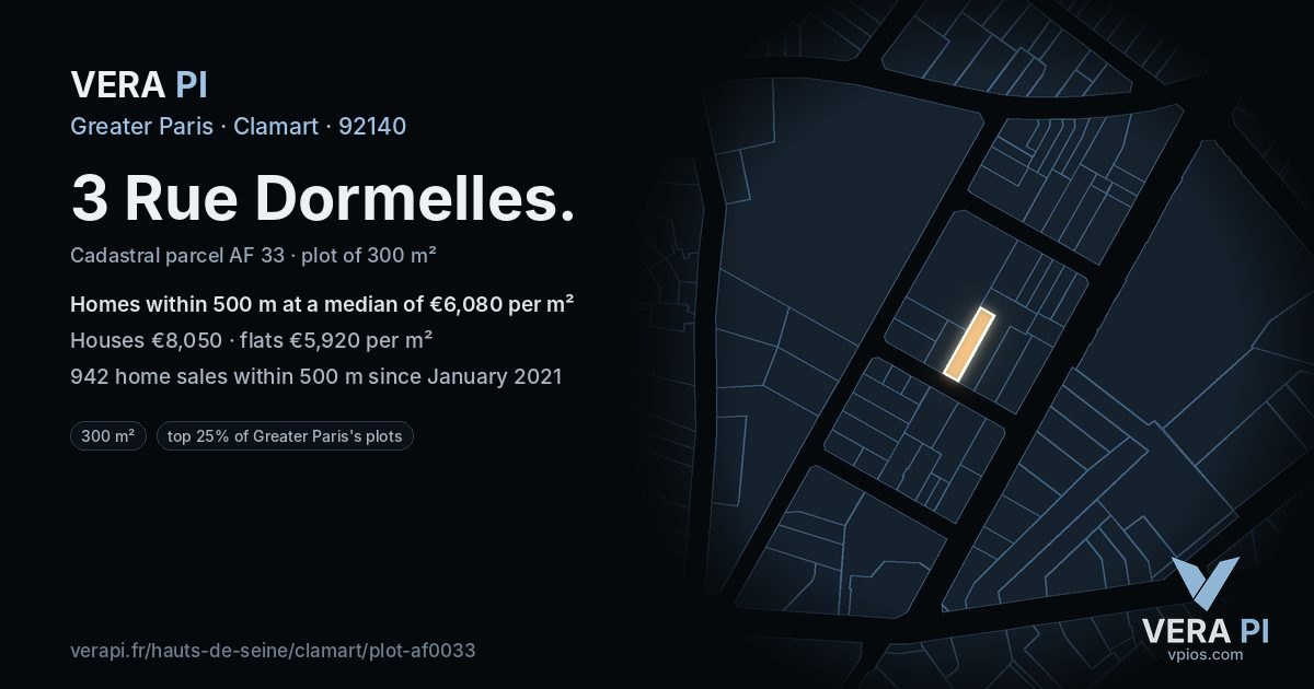 3 Rue Dormelles, Clamart at night – the plot lit, the parcels around coloured by the prices near them