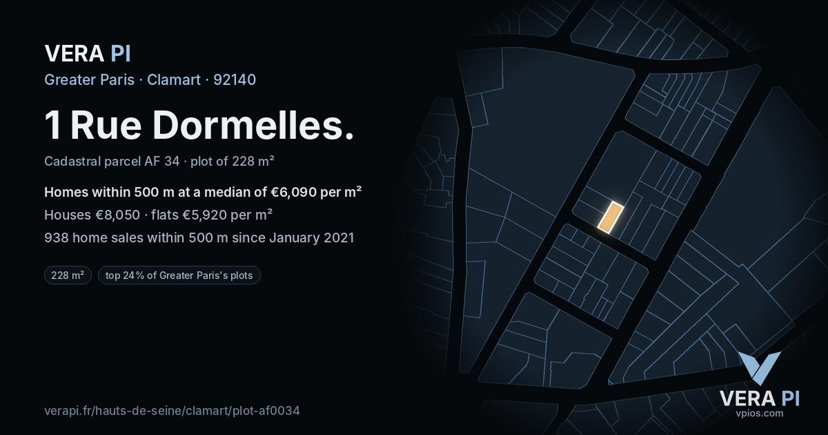 1 Rue Dormelles, Clamart at night – the plot lit, the parcels around coloured by the prices near them