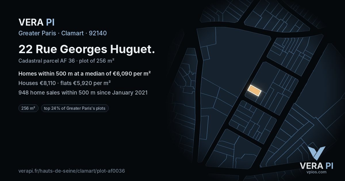 22 Rue Georges Huguet, Clamart at night – the plot lit, the parcels around coloured by the prices near them