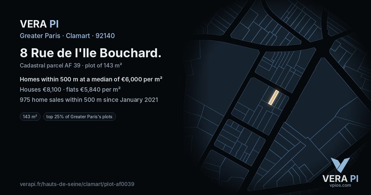 8 Rue de l'Ile Bouchard, Clamart at night – the plot lit, the parcels around coloured by the prices near them