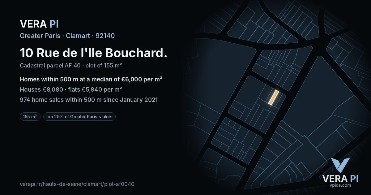 10 Rue de l'Ile Bouchard, Clamart at night – the plot lit, the parcels around coloured by the prices near them