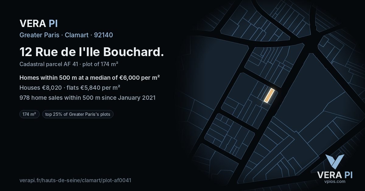 12 Rue de l'Ile Bouchard, Clamart at night – the plot lit, the parcels around coloured by the prices near them