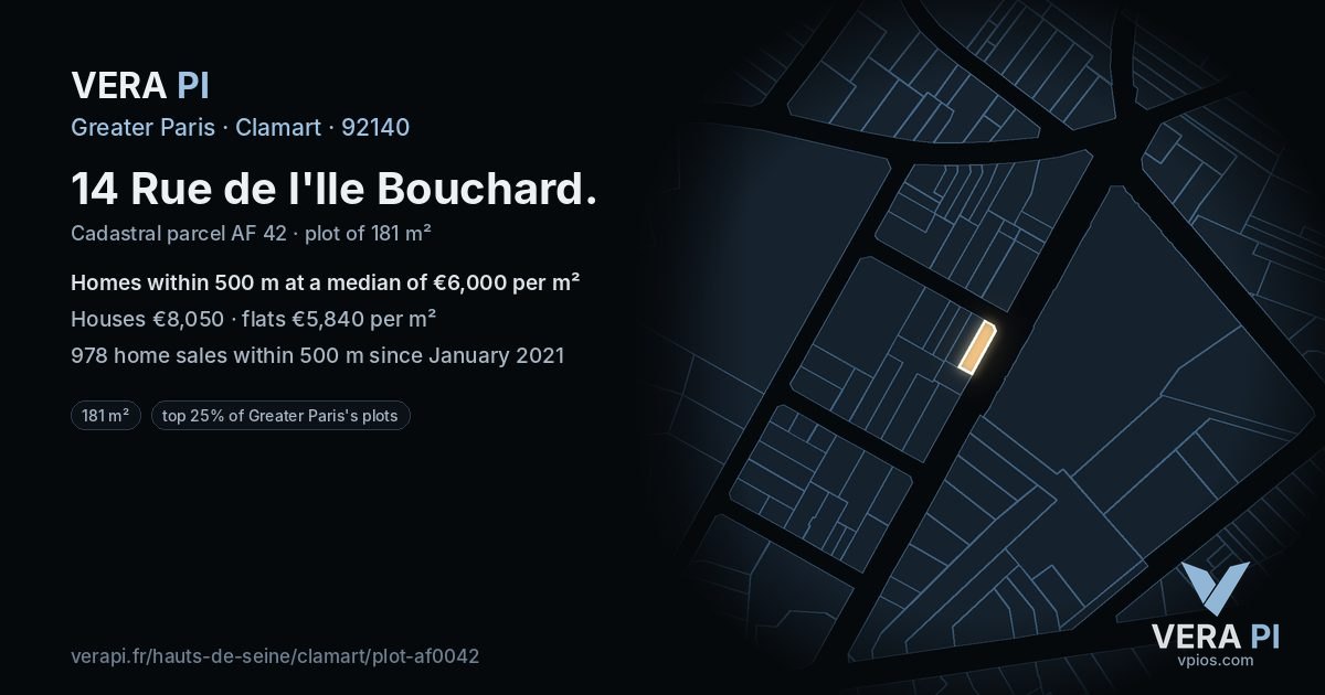 14 Rue de l'Ile Bouchard, Clamart at night – the plot lit, the parcels around coloured by the prices near them