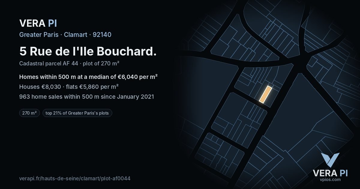 5 Rue de l'Ile Bouchard, Clamart at night – the plot lit, the parcels around coloured by the prices near them
