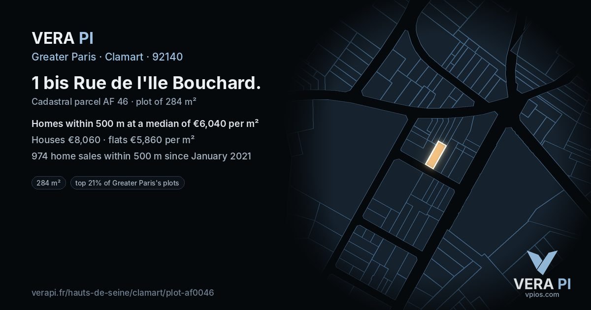 1 bis Rue de l'Ile Bouchard, Clamart at night – the plot lit, the parcels around coloured by the prices near them