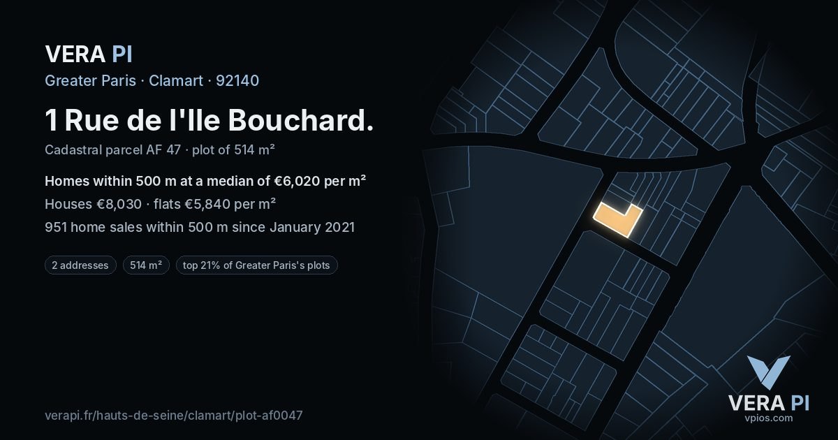 1 Rue de l'Ile Bouchard, Clamart at night – the plot lit, the parcels around coloured by the prices near them