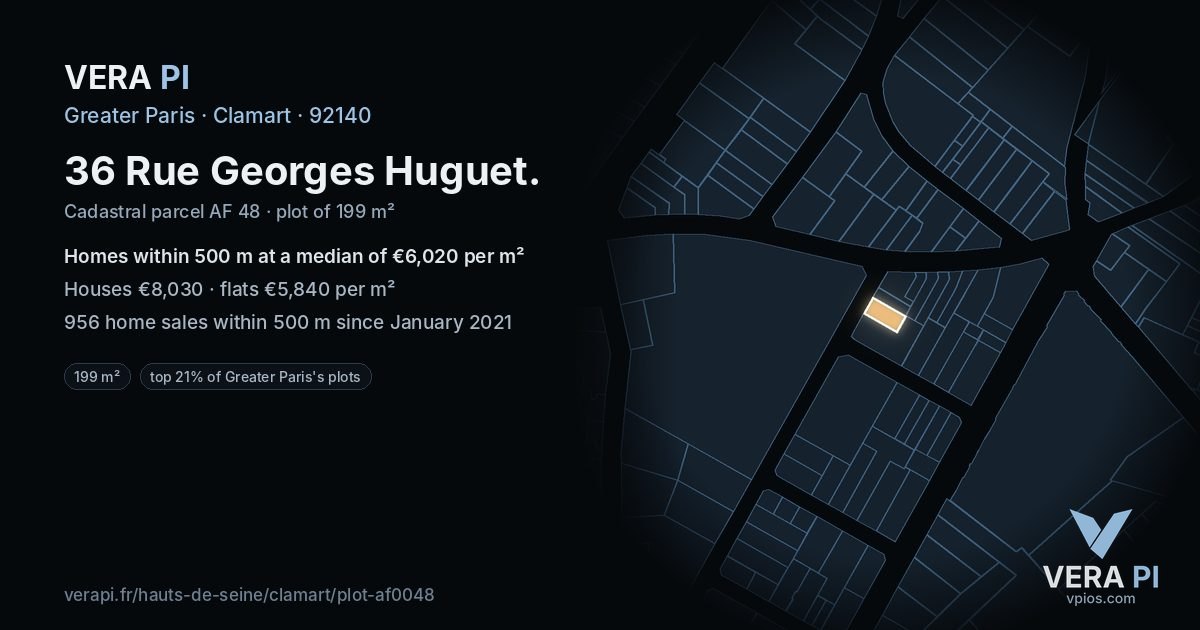36 Rue Georges Huguet, Clamart at night – the plot lit, the parcels around coloured by the prices near them