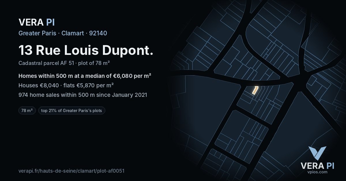 13 Rue Louis Dupont, Clamart at night – the plot lit, the parcels around coloured by the prices near them