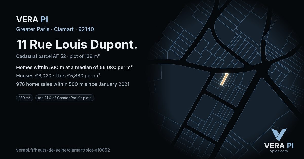 11 Rue Louis Dupont, Clamart at night – the plot lit, the parcels around coloured by the prices near them