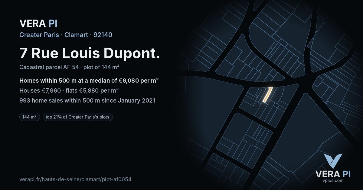 7 Rue Louis Dupont, Clamart at night – the plot lit, the parcels around coloured by the prices near them