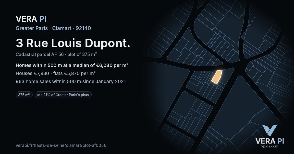 3 Rue Louis Dupont, Clamart at night – the plot lit, the parcels around coloured by the prices near them