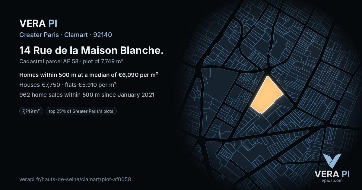 14 Rue de la Maison Blanche, Clamart at night – the plot lit, the parcels around coloured by the prices near them