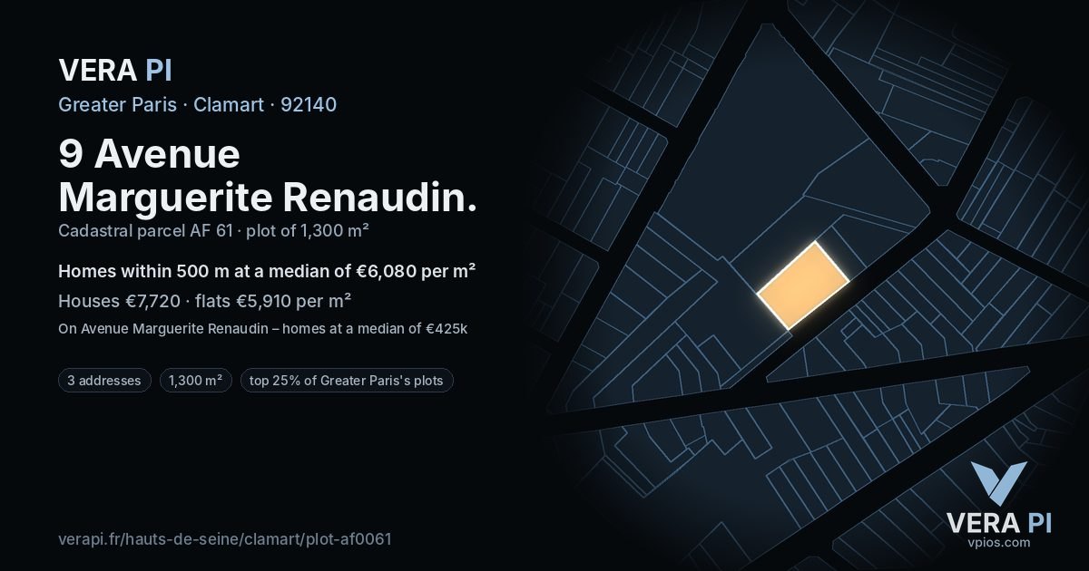 9 Avenue Marguerite Renaudin, Clamart at night – the plot lit, the parcels around coloured by the prices near them