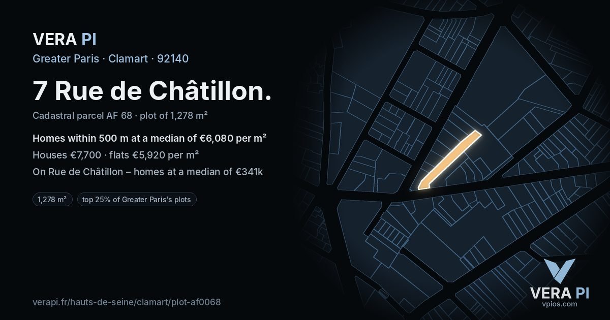 7 Rue de Châtillon, Clamart at night – the plot lit, the parcels around coloured by the prices near them