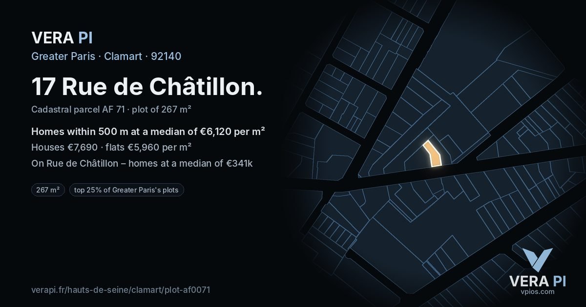 17 Rue de Châtillon, Clamart at night – the plot lit, the parcels around coloured by the prices near them