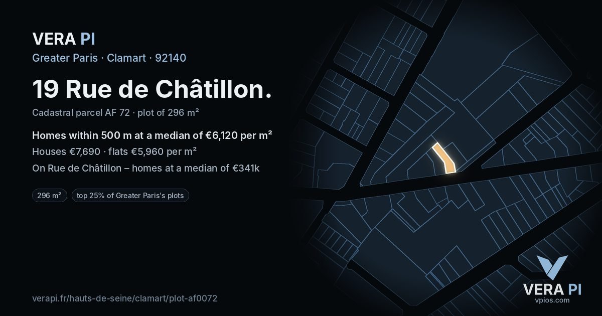 19 Rue de Châtillon, Clamart at night – the plot lit, the parcels around coloured by the prices near them