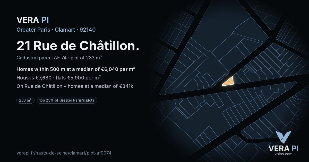 21 Rue de Châtillon, Clamart at night – the plot lit, the parcels around coloured by the prices near them