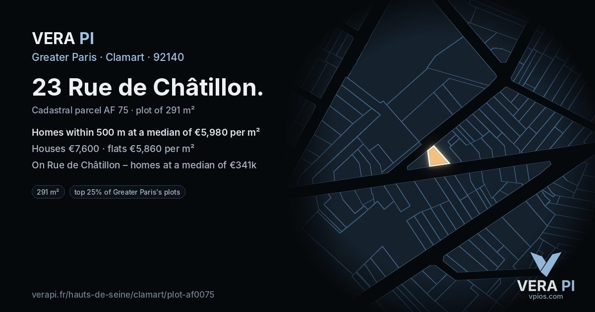 23 Rue de Châtillon, Clamart at night – the plot lit, the parcels around coloured by the prices near them