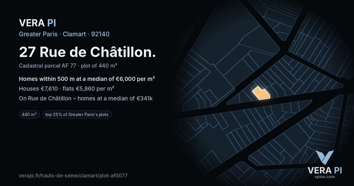 27 Rue de Châtillon, Clamart at night – the plot lit, the parcels around coloured by the prices near them