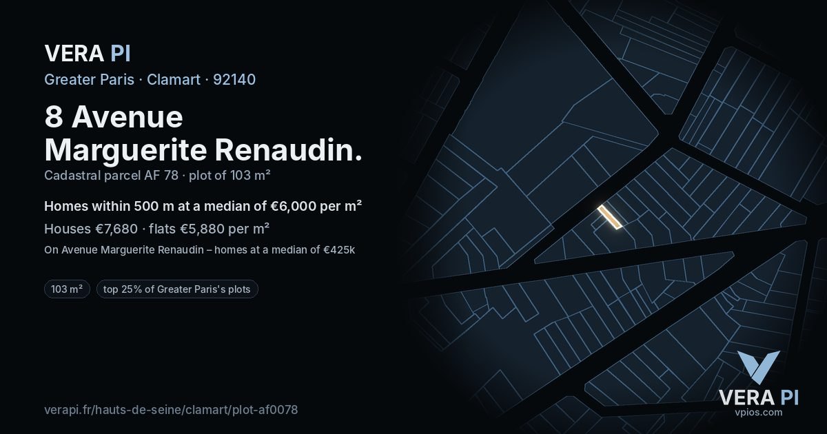 8 Avenue Marguerite Renaudin, Clamart at night – the plot lit, the parcels around coloured by the prices near them