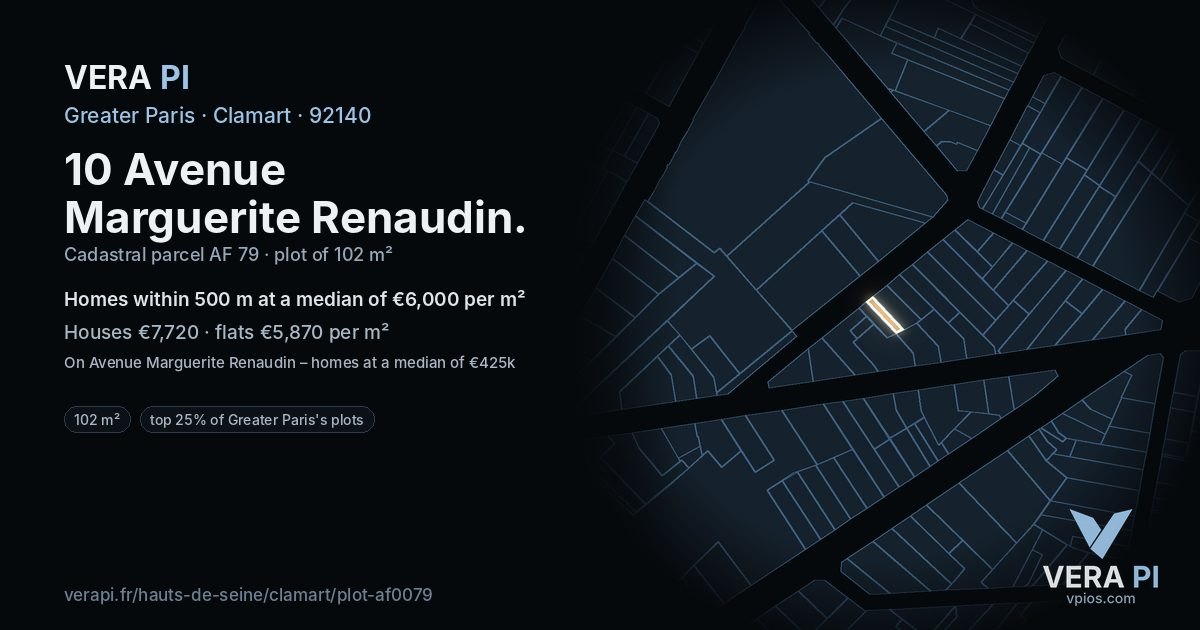 10 Avenue Marguerite Renaudin, Clamart at night – the plot lit, the parcels around coloured by the prices near them