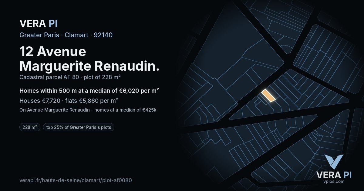 12 Avenue Marguerite Renaudin, Clamart at night – the plot lit, the parcels around coloured by the prices near them