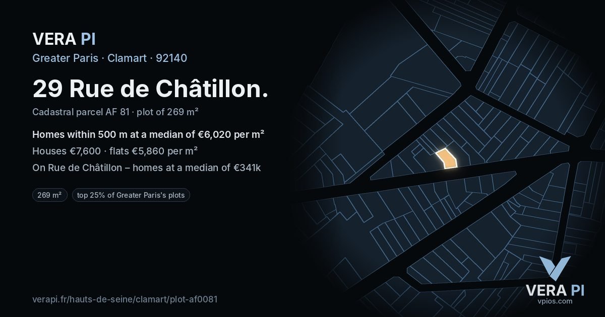 29 Rue de Châtillon, Clamart at night – the plot lit, the parcels around coloured by the prices near them