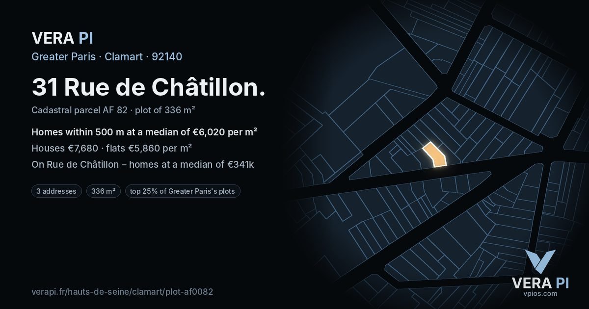 31 Rue de Châtillon, Clamart at night – the plot lit, the parcels around coloured by the prices near them