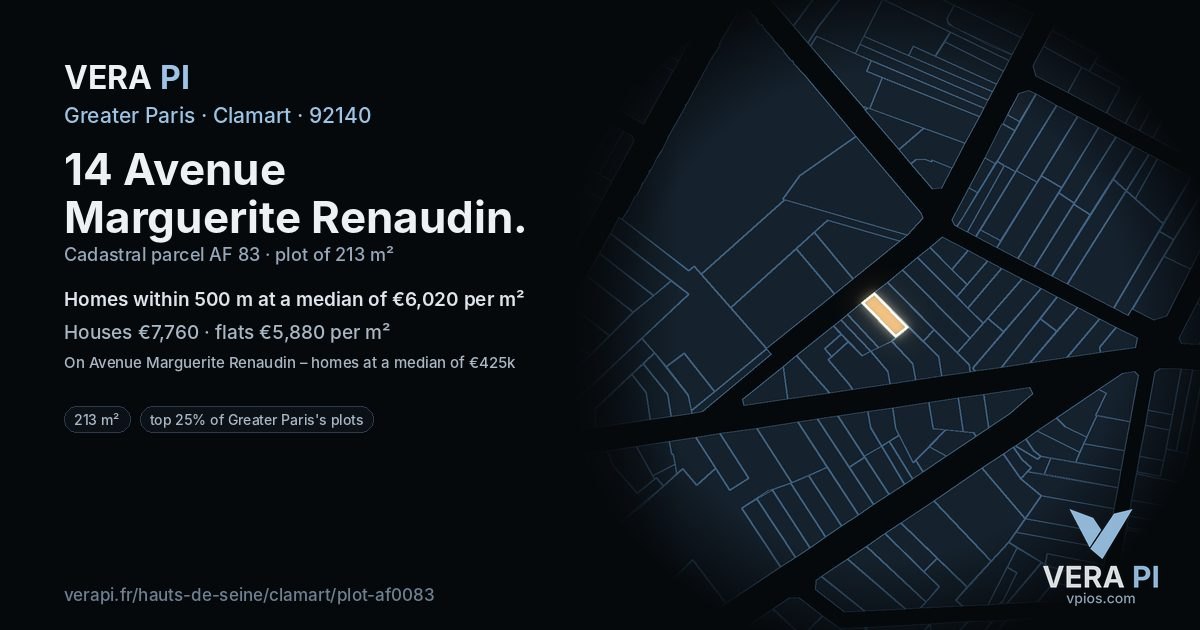 14 Avenue Marguerite Renaudin, Clamart at night – the plot lit, the parcels around coloured by the prices near them