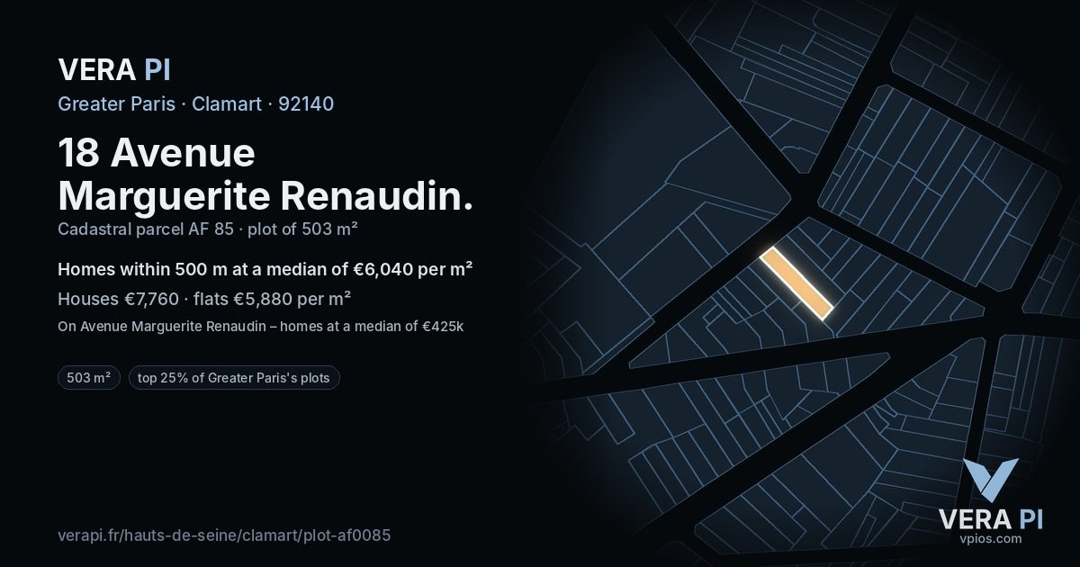 18 Avenue Marguerite Renaudin, Clamart at night – the plot lit, the parcels around coloured by the prices near them