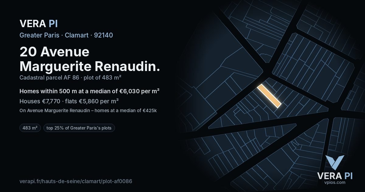 20 Avenue Marguerite Renaudin, Clamart at night – the plot lit, the parcels around coloured by the prices near them